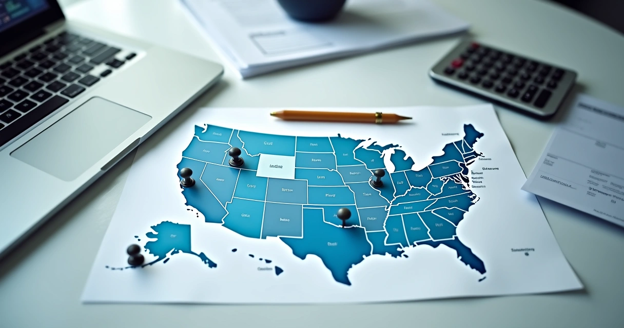 US map with business formation documents and pins 