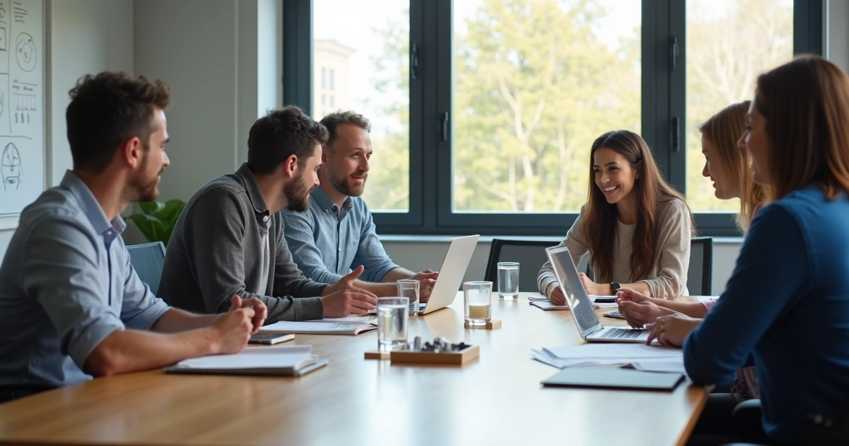 Business team brainstorming, discussing ideas around a table