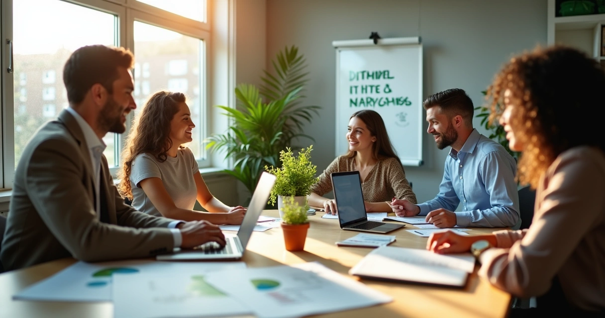 Diverse business team meeting around a table with sustainability charts and plants 