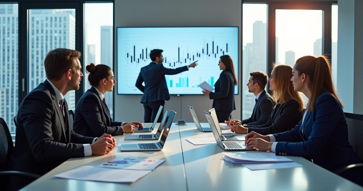 Business team reviewing data reports in an office setting 