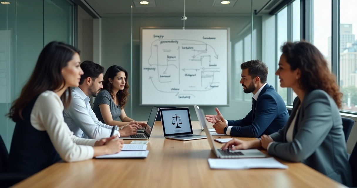 Business team around a table discussing ethical decisions 