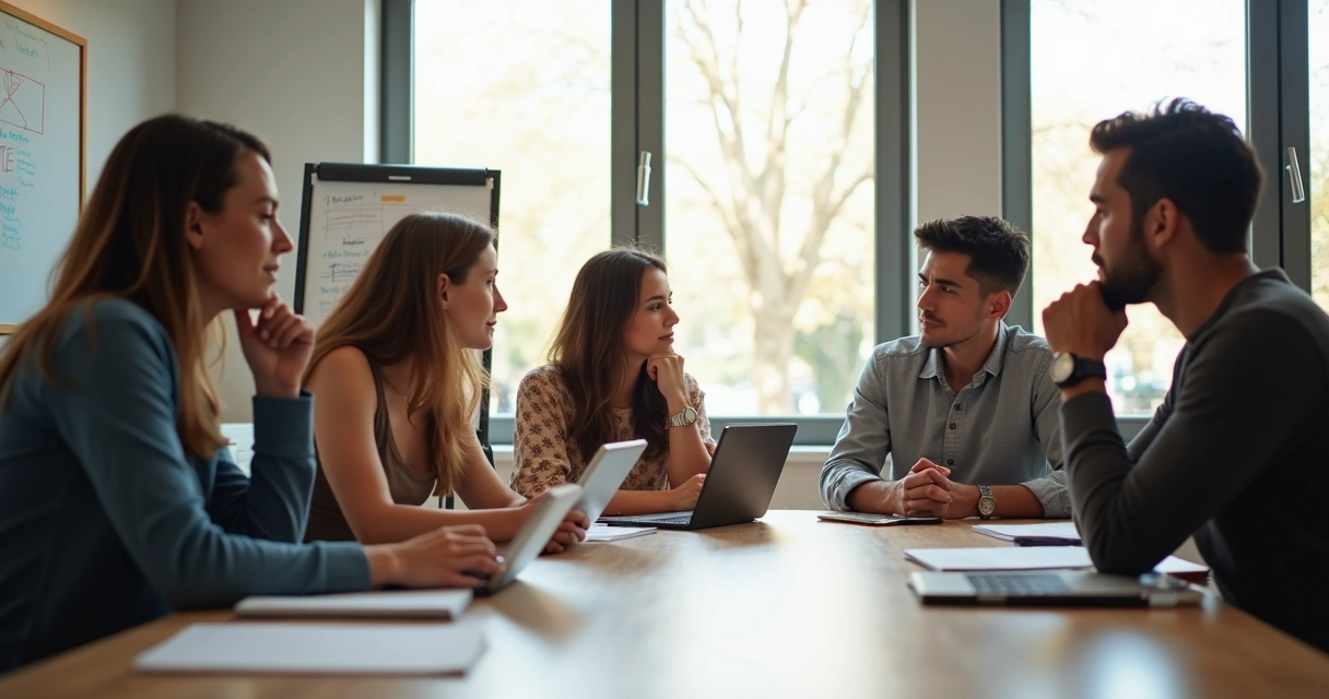 Diverse team in meeting, showing thoughtful expressions and connection. 