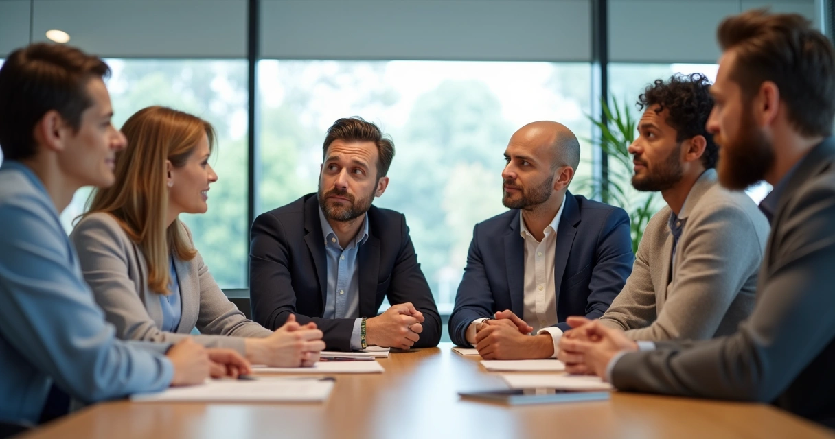 Team meeting in a modern office, diverse group discussing around a table 