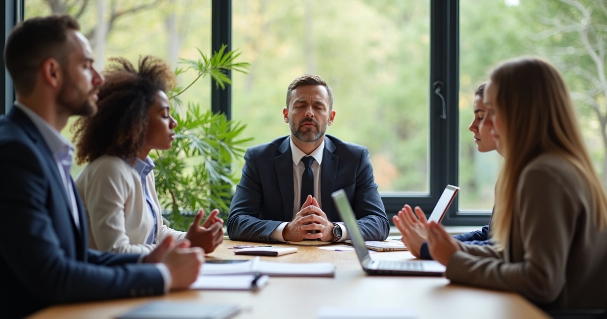 Business team practicing mindful meeting together 