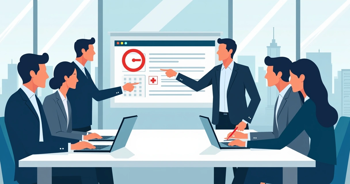 Business colleagues reviewing a contract schedule on laptops and planning around upcoming system downtime 