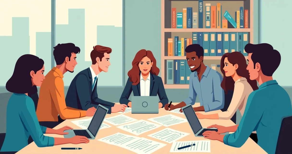 Business team reviewing multiple contract types at a desk.