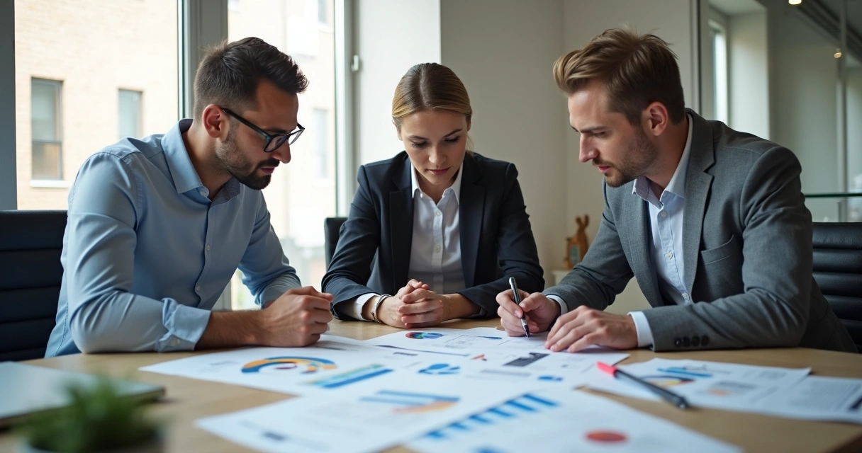 Business team reviewing business plan documents together at a table 