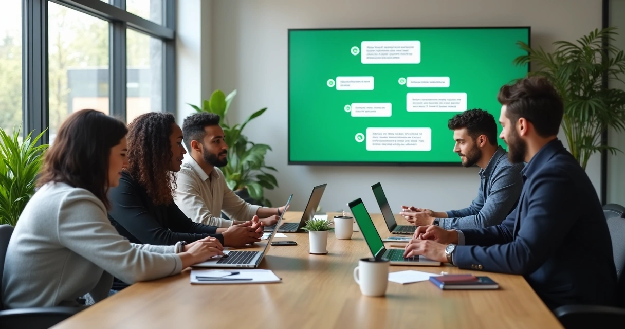 Business team collaborating on laptops and smartphones with WhatsApp interface on screen
