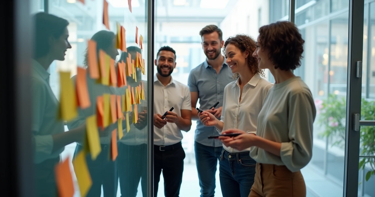 Business team writing on sticky notes during a collaborative office ritual 