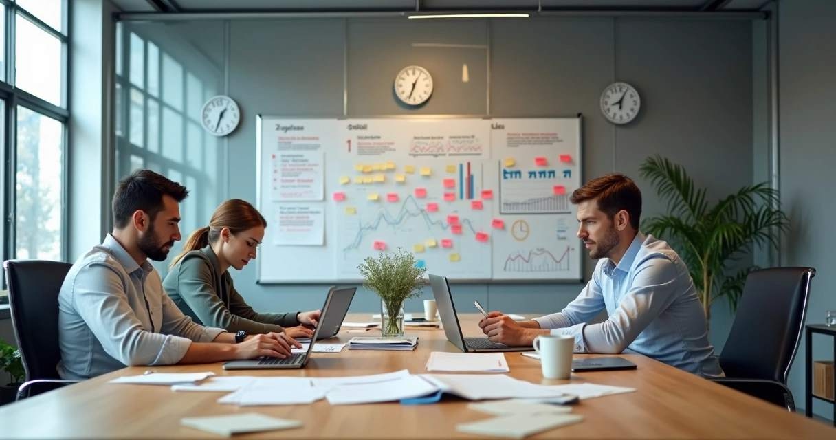 Team in office overwhelmed by clocks and missed deadlines 