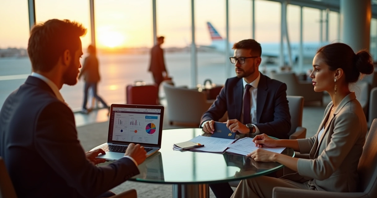 Business travelers reviewing US visa documents in an airport lounge