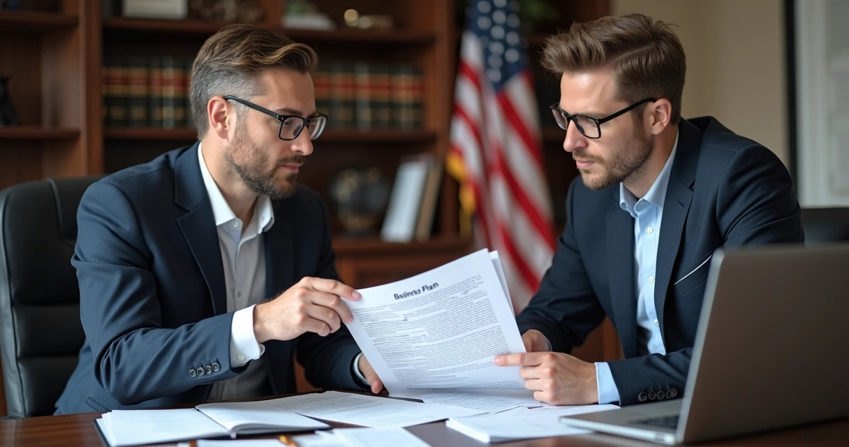 Business visa consultant and client reviewing immigration documents