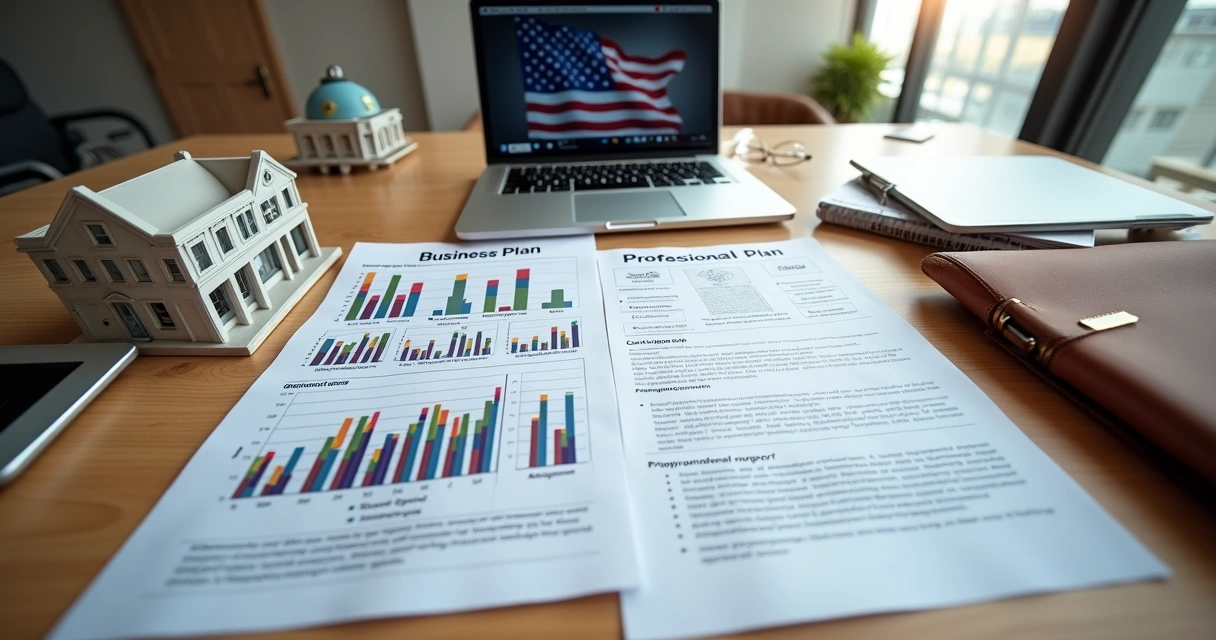 Split desk showing business plan charts and professional portfolio for U.S. immigration 