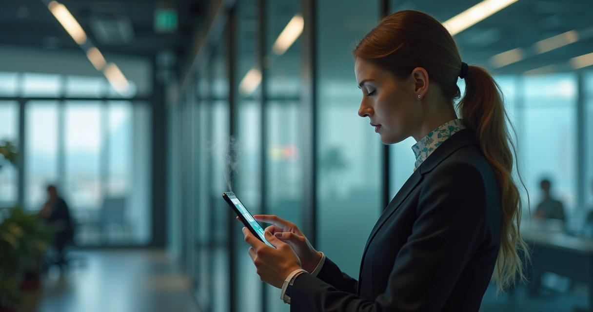 Businesswoman interacting with a chatbot on WhatsApp via smartphone in modern office setting 