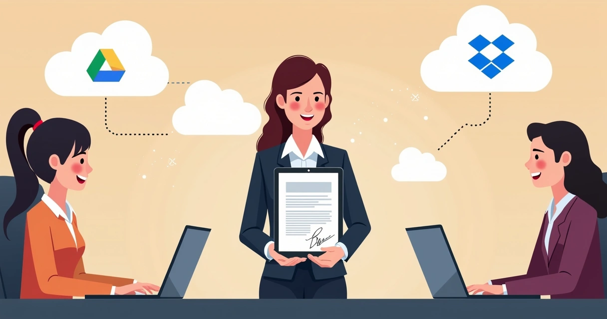 Woman holding digital tablet displaying e-signature document