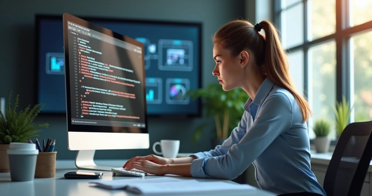 Frustrated businesswoman looking at computer screen with automation errors in office setting 