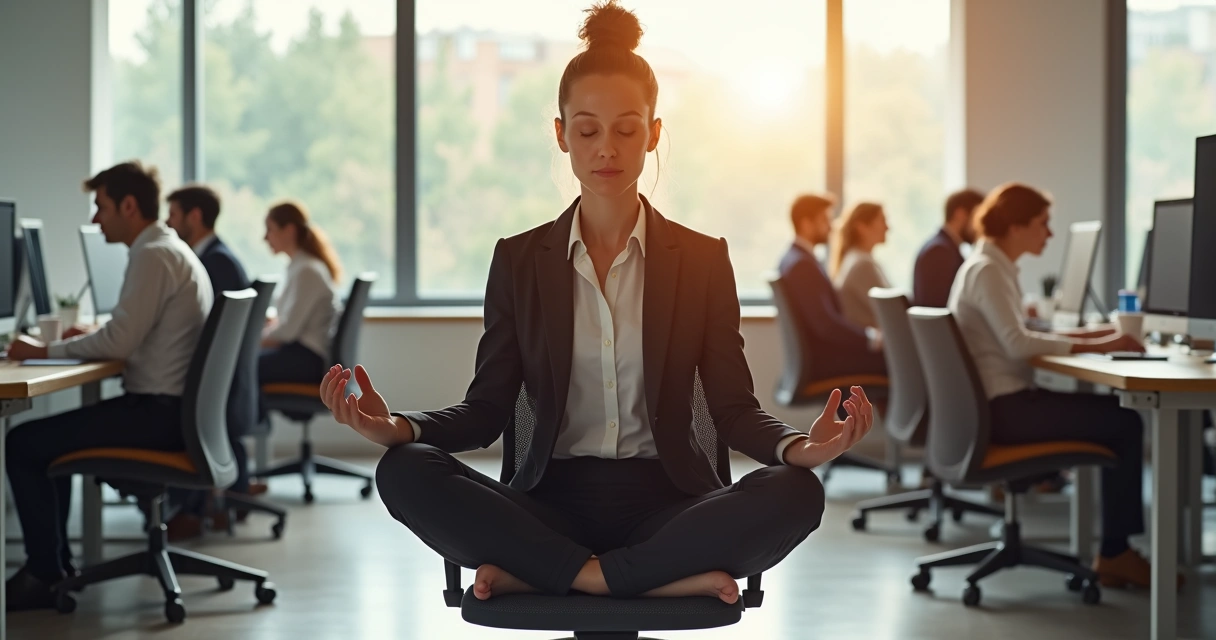 Businesswoman meditating in an office chair 