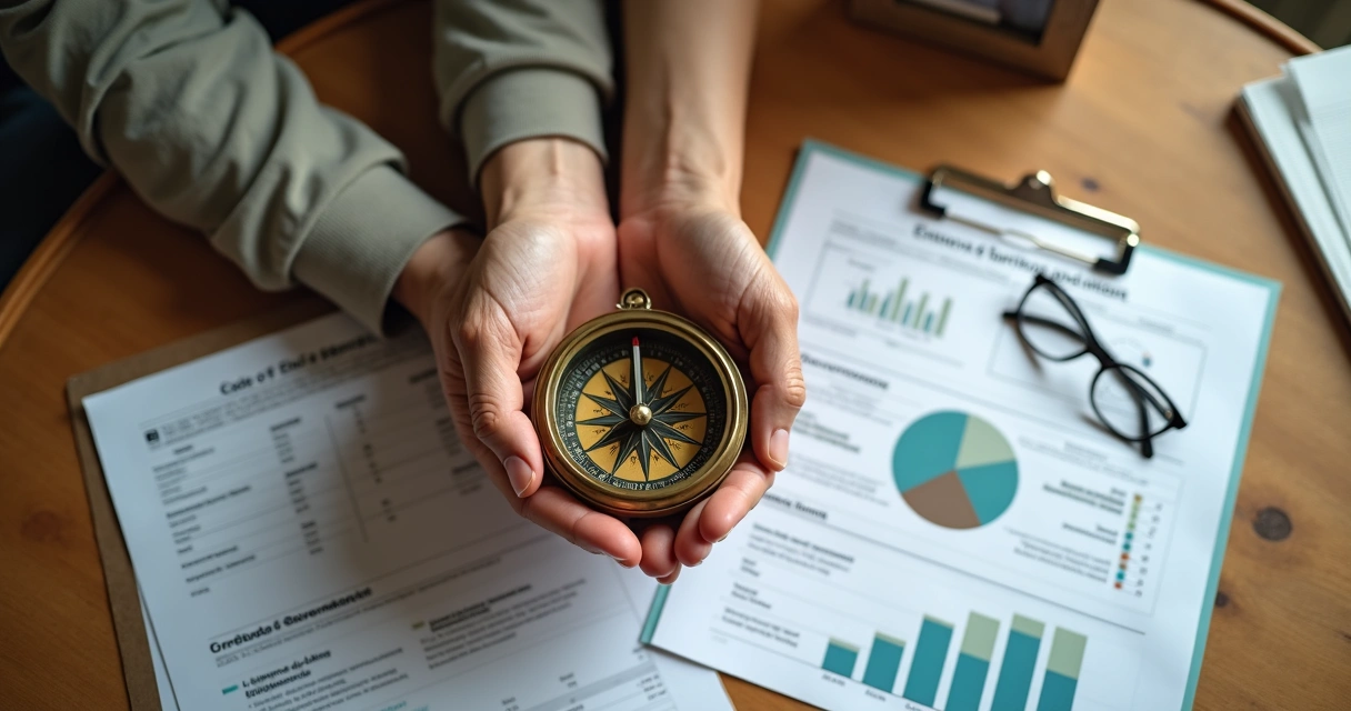 Mãos de idades diferentes segurando bússola sobre relatório financeiro 