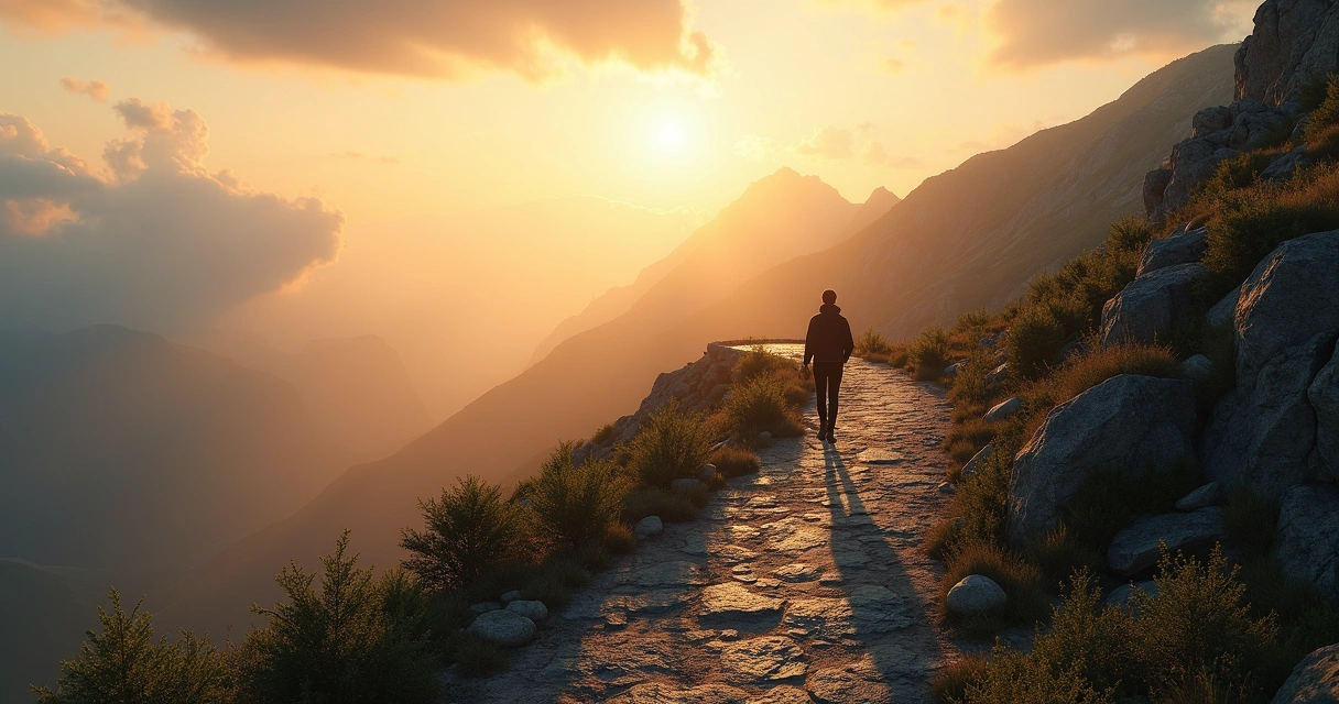 Persona caminando en montaña con luz al fondo 