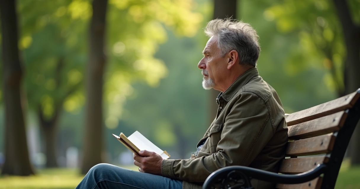 Adulto contemplando en un parque con cuaderno en mano 