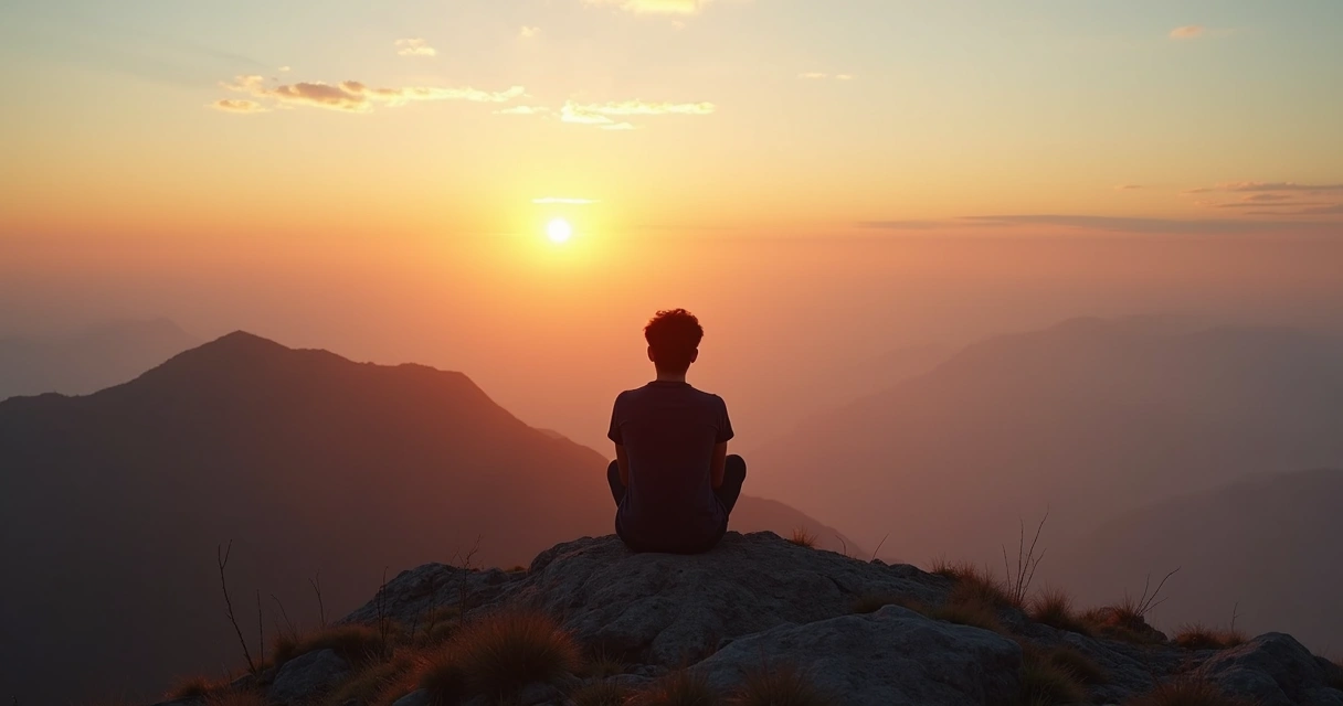 Persona reflexionando en la cima de una montaña durante el amanecer