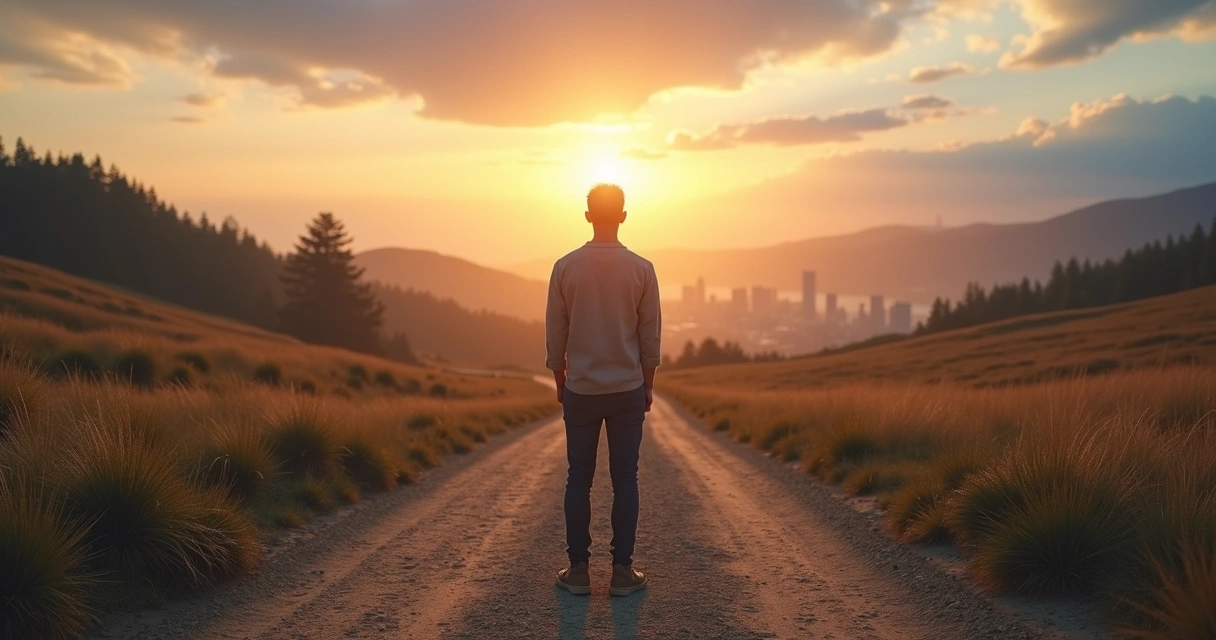 Persona sola en un cruce de caminos mirando un cielo al amanecer 