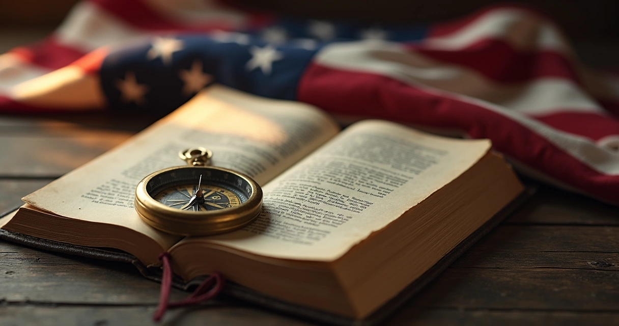 Bússola sobre Bíblia aberta ao lado de bandeira dos Estados Unidos 