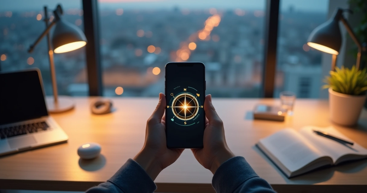 Pessoa segura celular com bússola luminosa digital apontando para equilíbrio entre ícones de tecnologia e natureza 