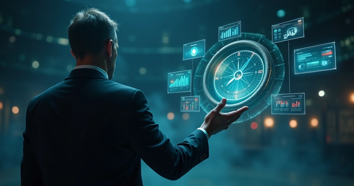 Executive holding a digital compass in front of overlapping CRM screens