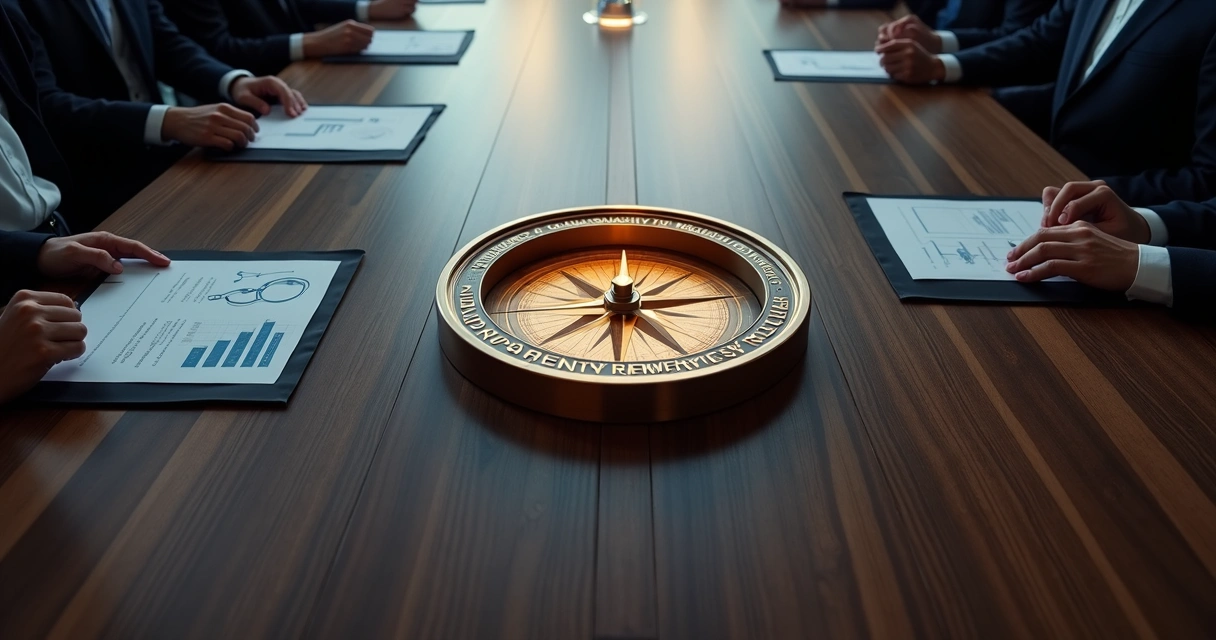 Mesa de conselho de administração vista de cima com bússola brilhante no centro 