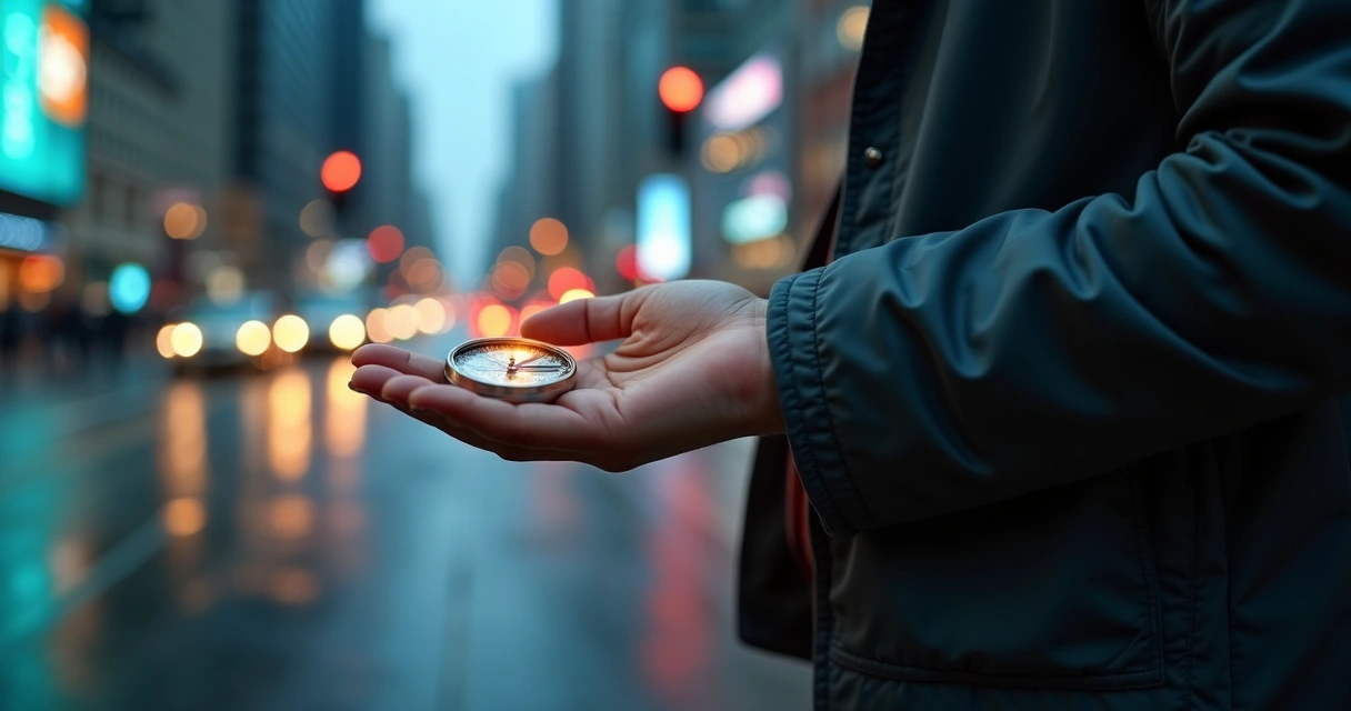 Pessoa em cidade noturna segurando bússola luminosa em cruzamento movimentado 