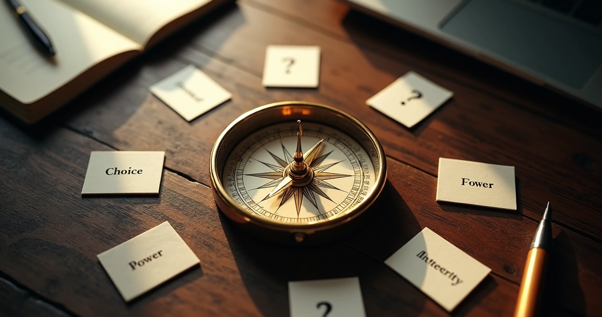 Bússola dourada apontando para a palavra ética sobre mesa de madeira 