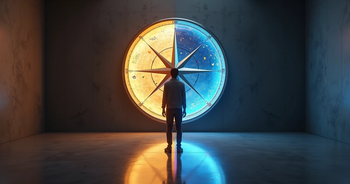Pessoa observando grande bússola iluminada que contrasta motivações internas e externas 