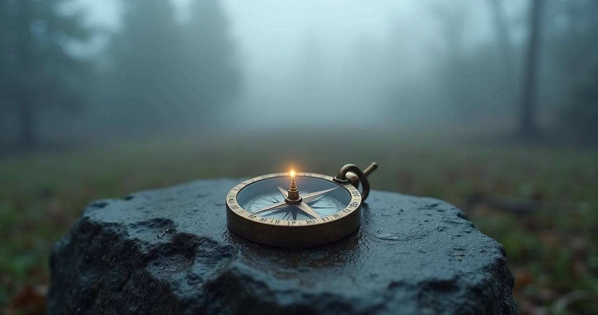 Bússola sobre pedra com neblina suave ao redor 