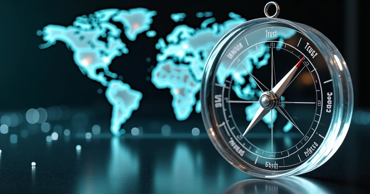 Bússola transparente com escala de relações sobre mapa do mundo desfocado 