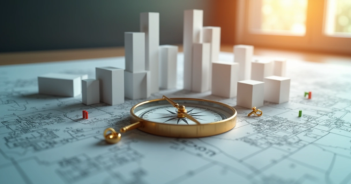 Bússola dourada sobre mapa de prédios indicando avaliação de risco em investimentos imobiliários 