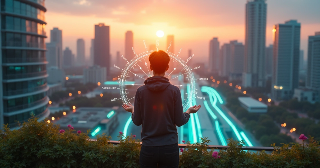 Jovem escolhendo caminho profissional guiado por bússola luminosa em cidade futurista 