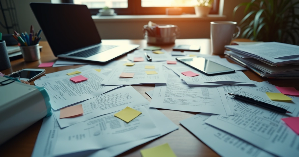Crowded office desk with scattered papers and digital devices 