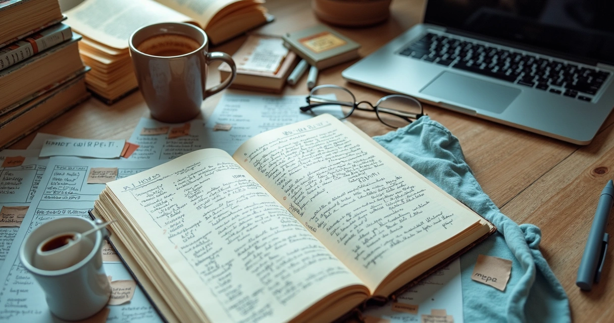 Desk with scattered notes, books, and coffee cup 