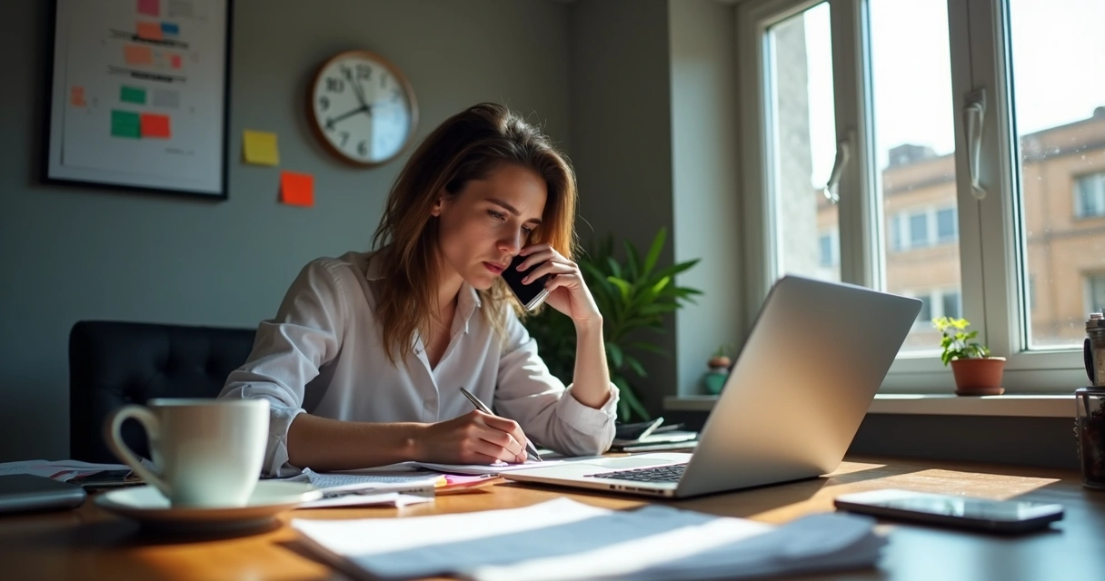 Person sits at a desk surrounded by digital devices, coffee cup, notes, and a clock, multitasking. 