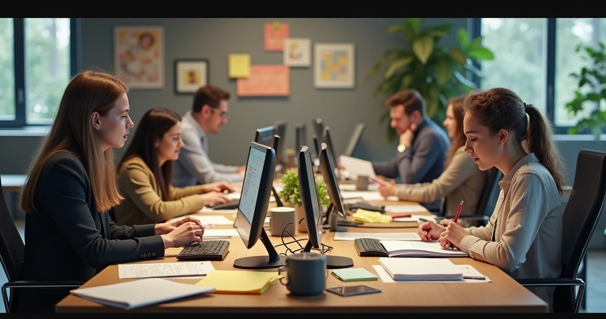 Several people in an office setting juggling multiple tasks and roles