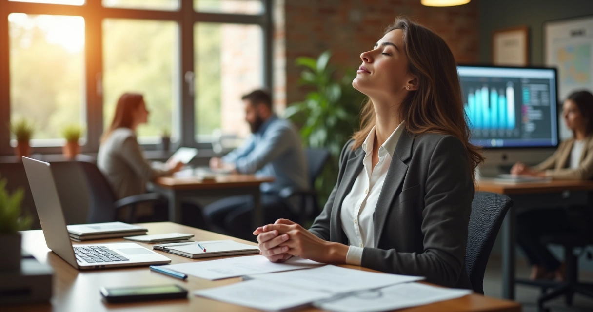 Person practicing meditation at a desk with a busy work environment 