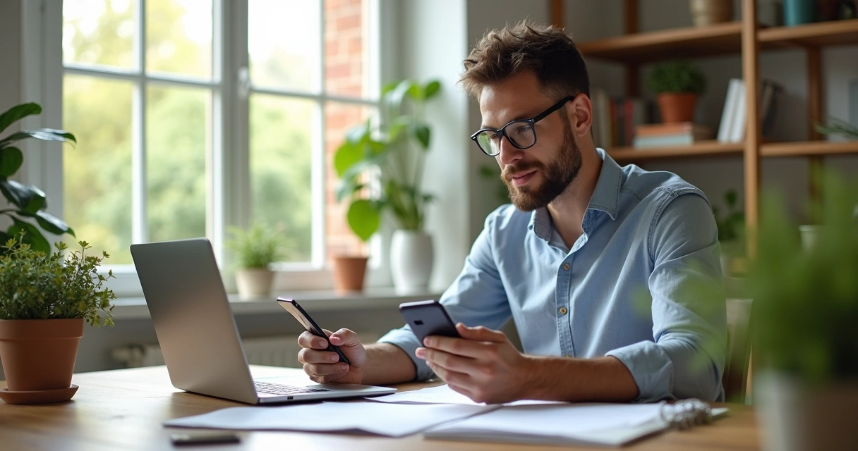 Man multitasking with laptop and paperwork 