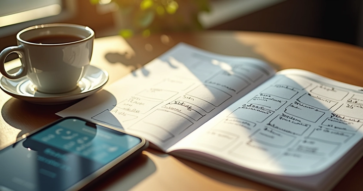 Open calendar filled with events, phone with notifications next to coffee cup 