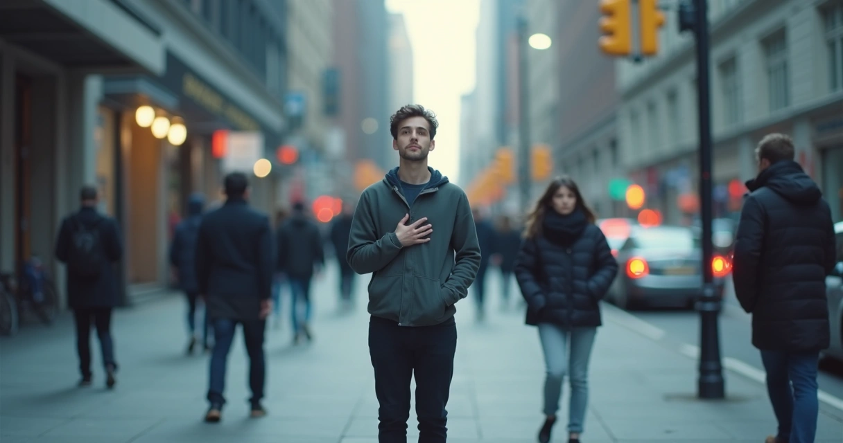 Person noticing breath in a busy public space 