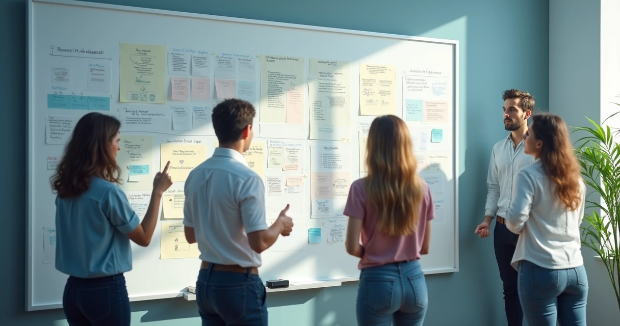 Team gathered around a whiteboard filled with plans and notes