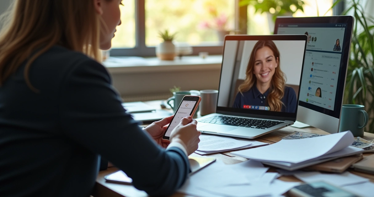 Desk cluttered with devices and papers, person distracted by phone