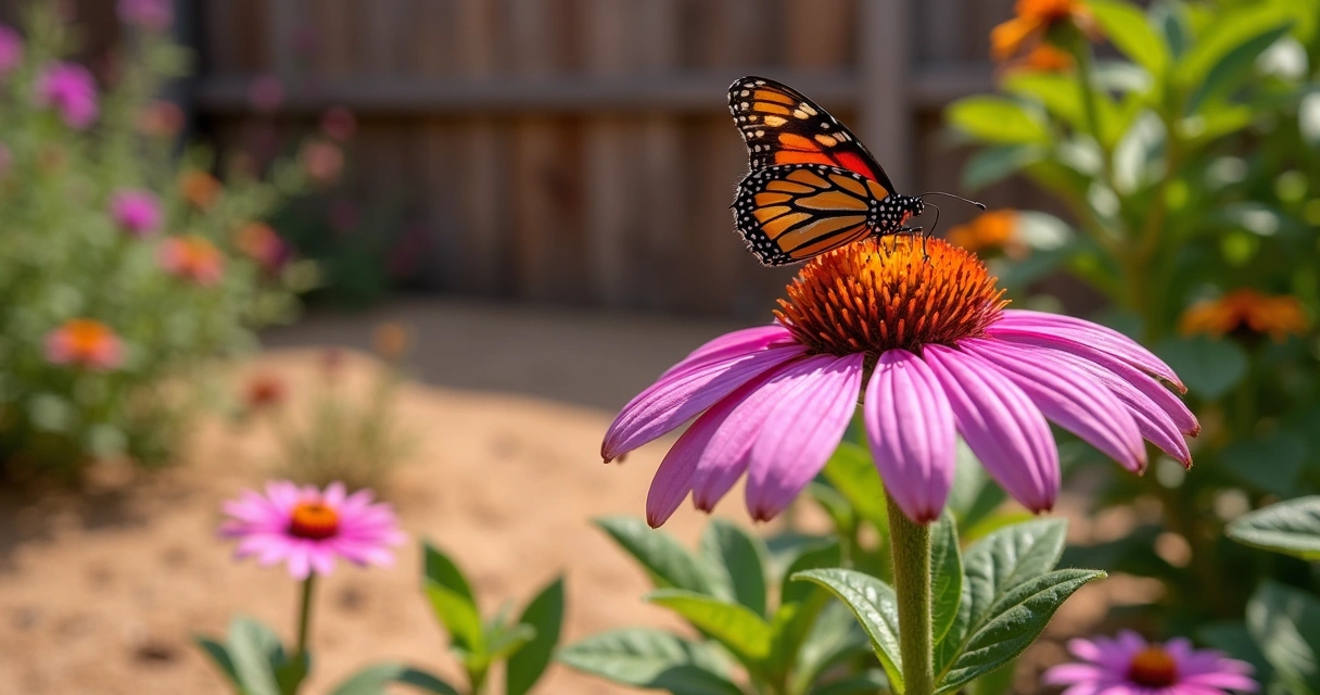 Butterfly visiting coneflower in summer drought 