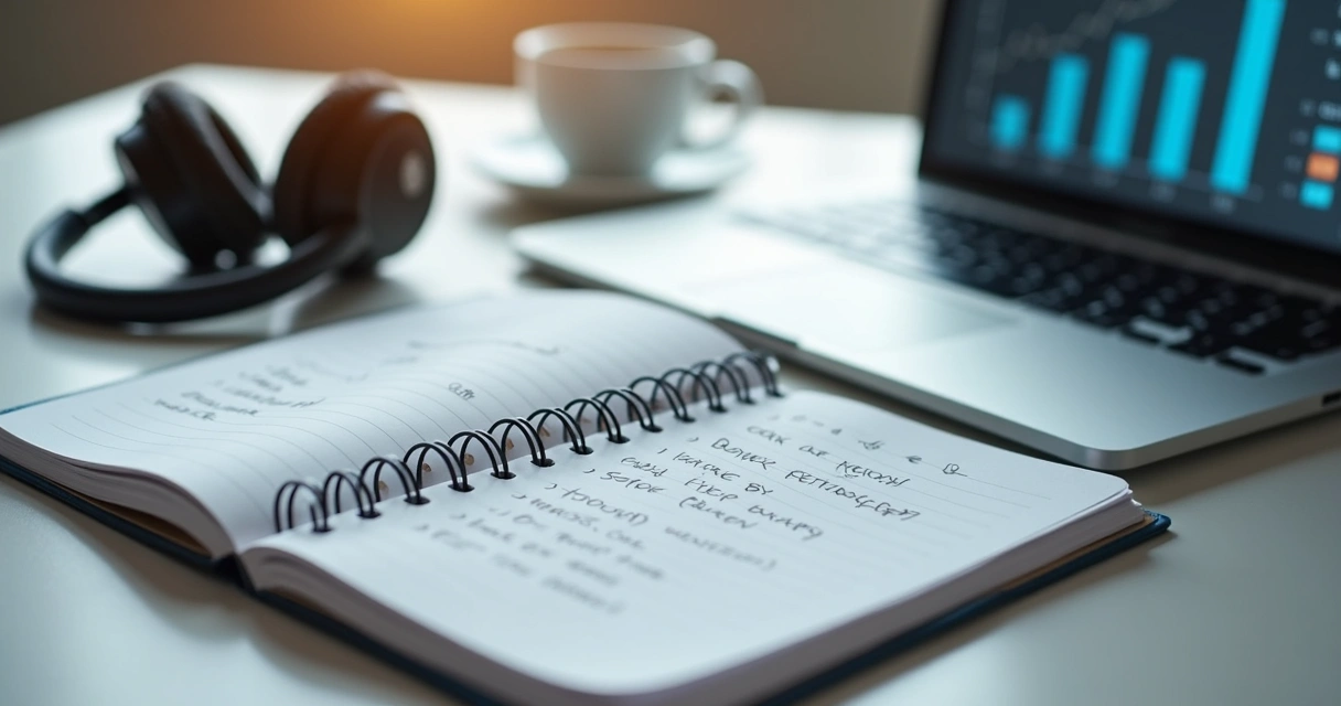 Notebook with buyer interview questions beside a laptop and headset