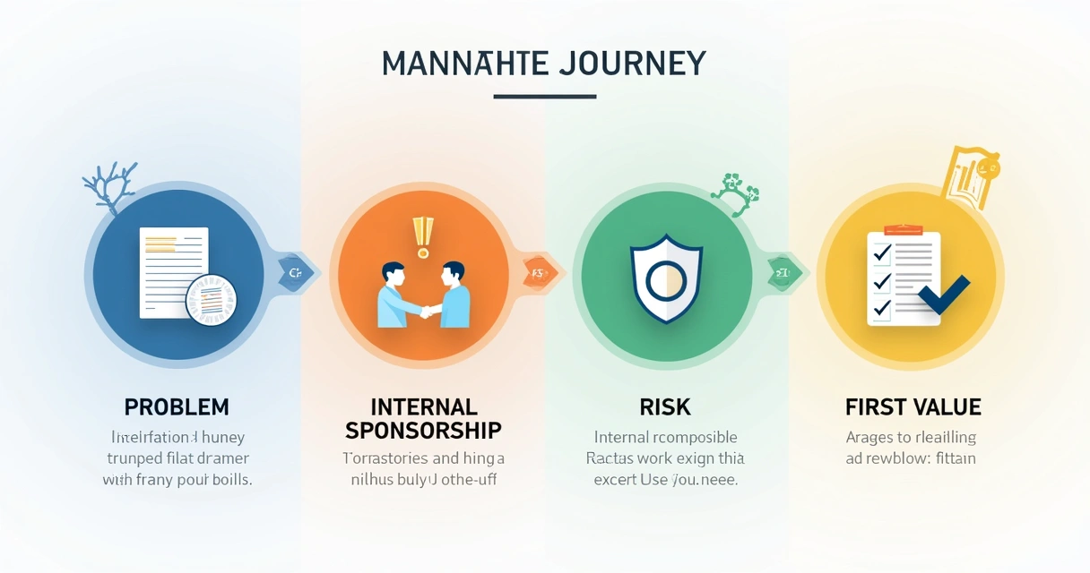 Illustration of four buyer milestones with icons representing clarity, cooperation, security, and fast impact 